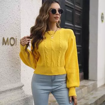 Женский осенне-зимний вязаный пуловер с объемными рукавами и заниженной талией, SL S синий