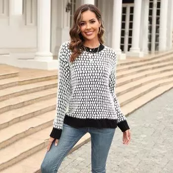 Женский осенне-зимний вязаный сплайсированный свитер больших размеров с круглым вырезом и длинными рукавами S чёрный