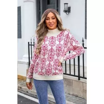 Женский осенне-зимний вязаный свитер больших размеров с высоким воротником и цветочным принтом S ярко-розовый