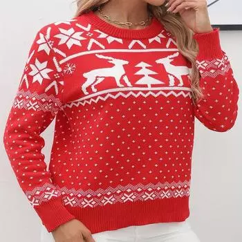 Женский осенне-зимний вязаный свитер больших размеров с круглым вырезом на Рождество S красный