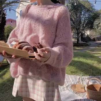 Женский осенне-зимний вязаный свитер из мохера с ажурным узором, свободный и милый тонкий вязаный свитер one size белый