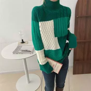 Женский осенне-зимний вязаный свитер, клетчатый топ, свободный пуловер с высоким воротником L чёрный