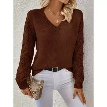 Женский осенне-зимний вязаный свитер с ажурной отделкой и длинными рукавами и V-образным вырезом M кофейный