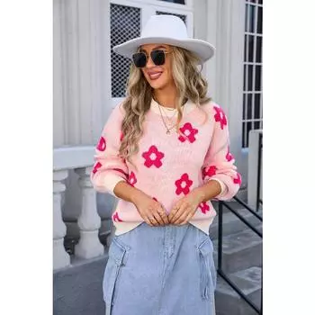 Женский осенне-зимний вязаный свитер с длинным рукавом и круглым вырезом с цветочным принтом S белый