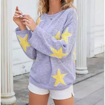 Женский осенне-зимний вязаный свитер с длинными рукавами и принтом в повседневном стиле S чёрный