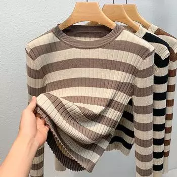 Женский осенне-зимний вязаный свитер с контрастными полосками S абрикосовый