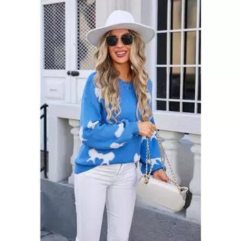 Женский осенне-зимний вязаный свитер с круглым вырезом и длинными рукавами, джемпер с галстуком-бабочкой S розовый