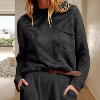 Женский осенне-зимний вязаный свитер с круглым вырезом и длинными рукавами, карманами, толстые теплые однотонные повседневные базовые джемперы, топы, уличная одежда 2XL светло-серый