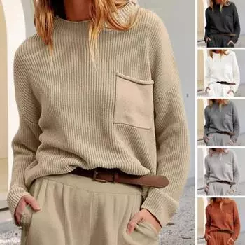 Женский осенне-зимний вязаный свитер с круглым вырезом и длинными рукавами, карманами, толстые теплые однотонные повседневные базовые джемперы, топы, уличная одежда S чёрный