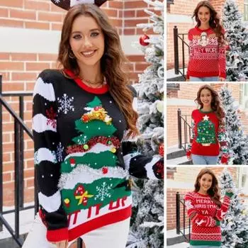 Женский осенне-зимний вязаный свитер с круглым вырезом и длинными рукавами, Рождественская елка, узор снежинки, плюшевый декор, утолщенный повседневный трикотаж S чёрный