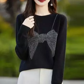 Женский осенне-зимний вязаный свитер с круглым вырезом и длинными рукавами, элегантные топы с бантом для поездок на работу 2XL чёрный