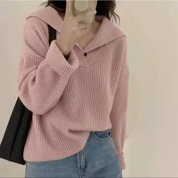 Женский осенне-зимний вязаный свитер с лацканами one size fits all темно-серого