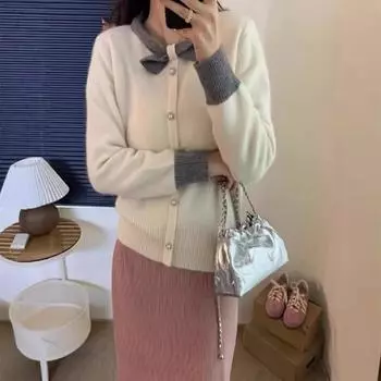 Женский осенне-зимний вязаный свитер с ярким бантом one size fits all серый