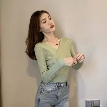 Женский осенне-зимний вязаный свитер с v-образным вырезом и длинными рукавами, тонкие топы с внутренним дном OneSize чёрный