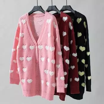 Женский осенне-зимний вязаный свитер с V-образным вырезом Love Jacquard Midi Cardigan Sweater S розовый