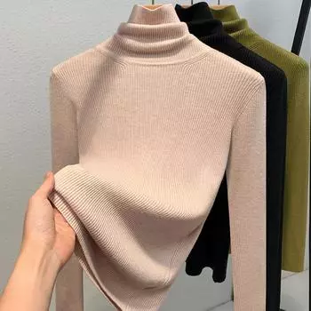 Женский осенне-зимний вязаный свитер с высоким воротом, джемпер чистого цвета S чёрный