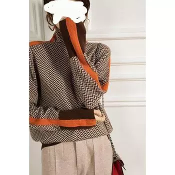 Женский осенне-зимний вязаный свитер с высоким воротником, японско-корейским дизайном и контрастными рукавами One Size чёрный