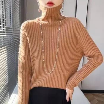 Женский осенне-зимний вязаный свитер с высоким воротником: Свободный, облегающий пуловер M вишня/красный