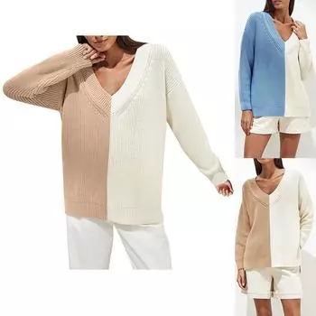 Женский осенне-зимний вязаный свитер свободного покроя с V-образным вырезом и длинными рукавами L синий