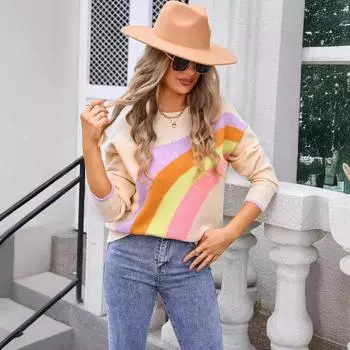 Женский осенне-зимний вязаный свитер в стиле пэчворк в радужную полоску S белый