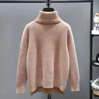 Женский осенне-зимний вязаный свитер, водолазка с длинным рукавом, утолщенные вязаные топы с разрезом по бокам, пуловер из имитации норки, свитер абрикосовый