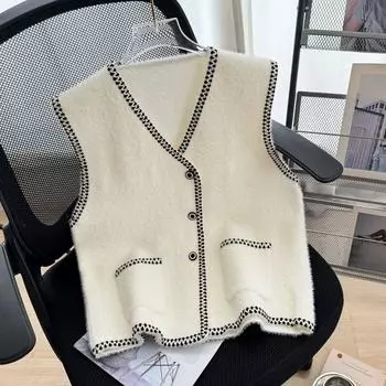 Женский осенне-зимний вязаный жилет-кардиган с V-образным вырезом и разноцветным переплетением цветов one size fits all чёрный