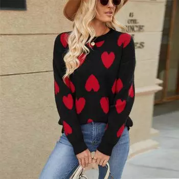 Женский осенне-зимний жаккардовый свитер с длинным рукавом и круглым вырезом, вязаный сердечком S чёрный