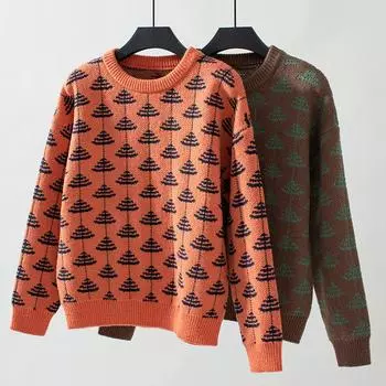 Женский осенне-зимний жаккардовый свитер с круглым вырезом, свободный повседневный трикотаж Amazon в европейском и американском стиле S оранжевый