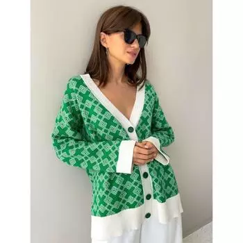 Женский осенне-зимний жаккардовый свитер средней длины S зелёный