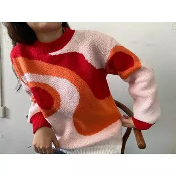 Женский осенне-зимний жаккардовый теплый свободный повседневный джемпер с длинными рукавами и круглым вырезом S красный