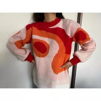 Женский осенне-зимний жаккардовый теплый свободный повседневный джемпер с длинными рукавами и круглым вырезом S красный