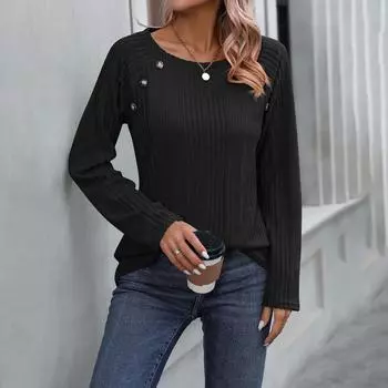 Женский осенне-зимний женский топ в рубчик с матовым круглым вырезом и длинными рукавами на пуговицах L чёрный