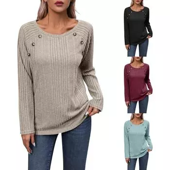Женский осенне-зимний женский топ в рубчик с матовым круглым вырезом и длинными рукавами на пуговицах L зелёный