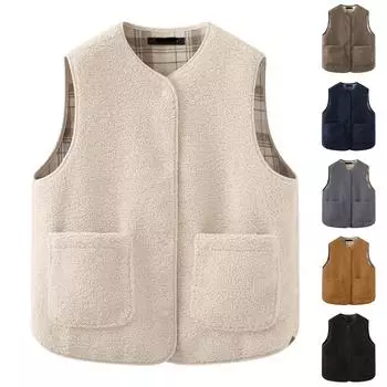 Женский осенне-зимний жилет из искусственной овечьей шерсти в клетку с круглым вырезом, двусторонний жилет из зернистого флиса L бежевый