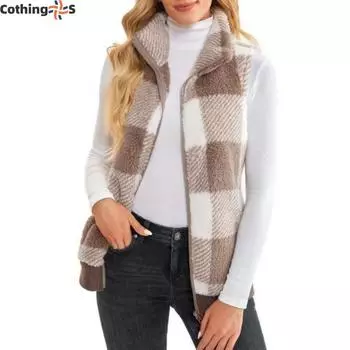 Женский осенне-зимний жилет, куртка без рукавов, воротник-стойка, утолщенный плюшевый кардиган на молнии с цветными карманами в клетку, женский жилет M синий