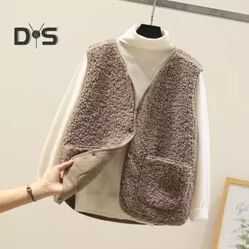 Женский осенне-зимний жилет, однотонный жилет без рукавов из искусственной овечьей шерсти, короткий плюшевый жилет, верхняя одежда, уличная одежда 2XL бежевый