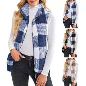 Женский осенне-зимний жилет, пальто без рукавов с воротником-стойкой, толстая плюшевая защита шеи, застежка-молния, кардиган, подходящий по цвету клетчатый карман, женский жилет M хаки