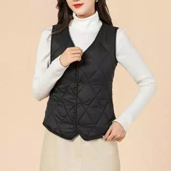 Женский осенне-зимний жилет, пальто с v-образным вырезом, мягкий однотонный кардиган без рукавов, повседневный мягкий ветрозащитный теплый однобортный женский жилет L чёрный