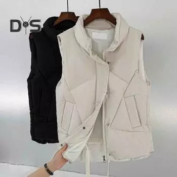 Женский осенне-зимний жилет с хлопковой подкладкой, воротник-стойка, жилет без рукавов, куртка с карманами, молния и пуговицы, ветрозащитный теплый жилет, пальто L чёрный