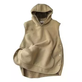 Женский осенне-зимний жилет с капюшоном, застежкой на боковые пуговицы, флис, термоизоляция, однотонный M хаки