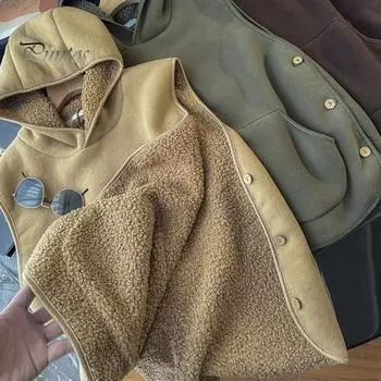 Женский осенне-зимний жилет с капюшоном, застежкой на пуговицы сбоку, флисовая термоизоляция, однотонный цвет, с передним карманом, повседневный топ с капюшоном M хаки