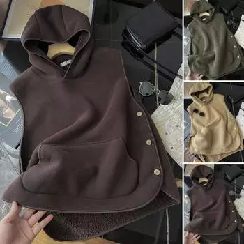 Женский осенне-зимний жилет с капюшоном, застежкой на пуговицы сбоку, флисовая термоизоляция, однотонный цвет, с передним карманом, повседневный топ с капюшоном M кофейный