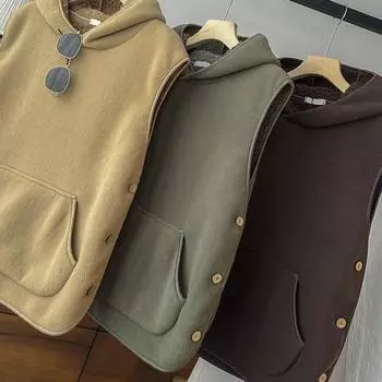 Женский осенне-зимний жилет с капюшоном, застежкой на пуговицы сбоку, флисовая термоизоляция, однотонный цвет, с передним карманом, повседневный топ с капюшоном M армия зеленый