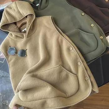 Женский осенне-зимний жилет с капюшоном, застежкой на пуговицы сбоку, флисовая термоизоляция, однотонный цвет, с передним карманом, повседневный топ с капюшоном M армия зеленый