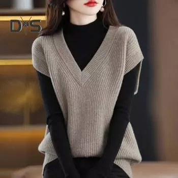 Женский осенне-зимний жилет с V-образным вырезом, свободный, без рукавов, трикотажный однотонный толстый трикотажный пуловер, эластичный, сохраняющий тепло свитер, жилет белый