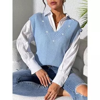 Женский осенне-зимний жилет-свитер с V-образным вырезом и простой бисерной вязкой One size синий