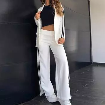 Женский осенний элегантный полосатый принтовый костюм, сексуальное пальто с отложным воротником, широкие брюки, комплект из двух предметов, офисный женский наряд S белый