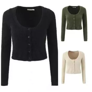 Женский осенний длинный рукав квадратный вырез тонкий укороченный топ женский зимний корейский однотонный короткий трикотажный топ на пуговицах шикарный кардиган свитера S чёрный