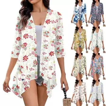 Женский осенний кардиган неправильной формы с принтом, рукавами три четверти и карманной курткой XXL