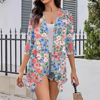 Женский осенний кардиган неправильной формы с принтом, рукавами три четверти и карманной курткой XXL